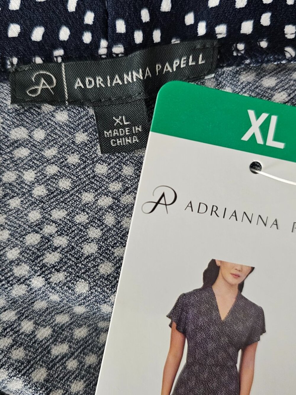 Adrianna Papell Navy Polka Dot Faux Wrap Midi Dress Flutter Sleeve New Size XL - Picture 3 of 9